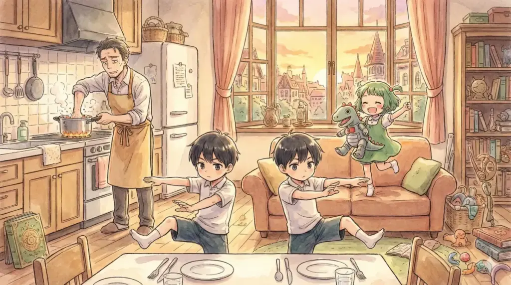 夕暮れのリビングで超能力を持つ子供たちと遊ぶヒナまつりや怪獣8号風のドタバタ共同生活