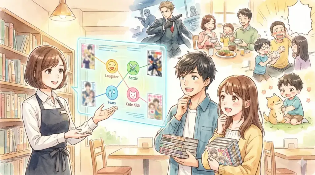 書店員がスパイファミリーに似た成分別のおすすめ漫画チャートをカップルに案内する診断イラスト