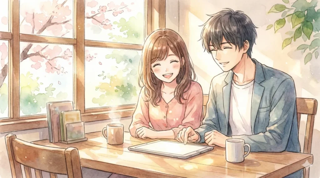 自分に最適な作品がわかる成分比較チャートを桜の見えるカフェで男性と一緒に選ぶ女性