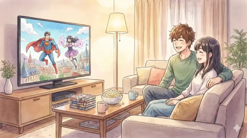 リビングでカップルがSAKAMOTO DAYSや怪獣8号などの人気アニメ作品を動画配信で楽しむ様子
