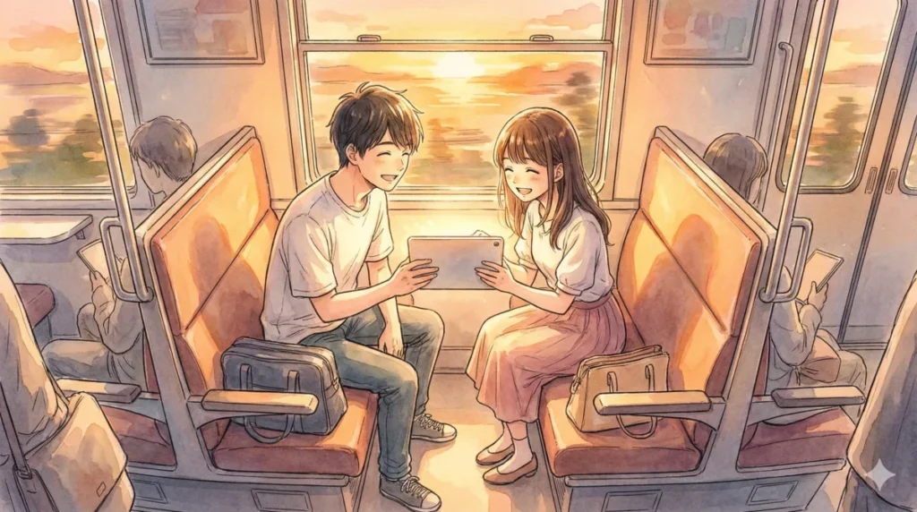 人気作品のアニメ化情報や映像化の感動について夕暮れ時の電車内で語り合う男女の様子