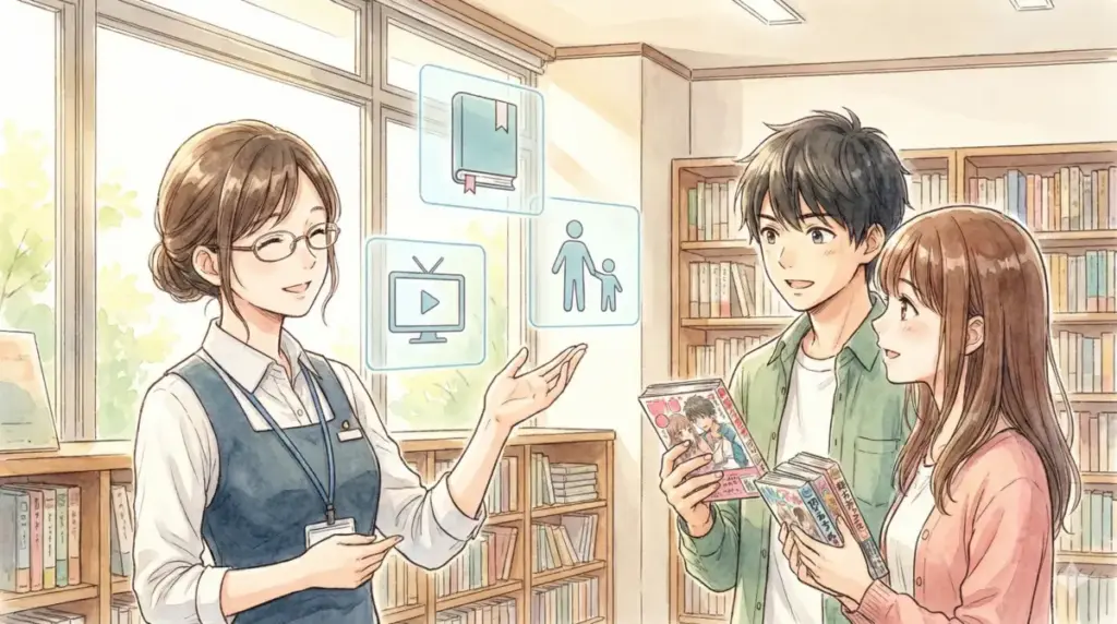 書店で親子におすすめの完結済み漫画やアニメ化作品についてFAQ形式で答える店員と家族連れ