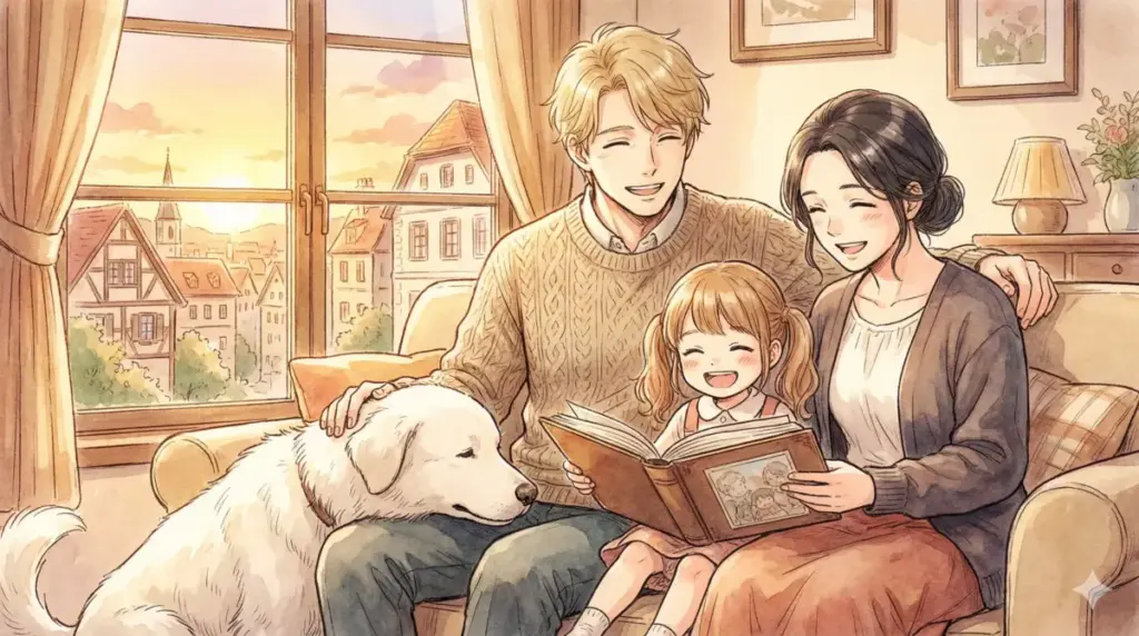 夕暮れの部屋でアルバムを見ながら笑い合う家族と犬を描くスパイファミリーの魅力である嘘から出た真の愛