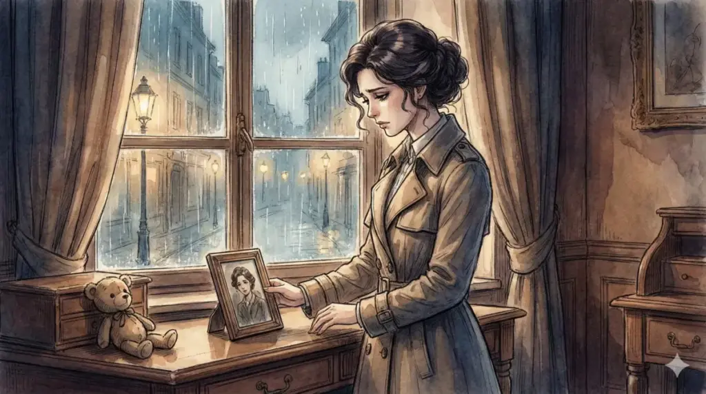 雨の窓辺で娘の写真を見つめ悲しげなシルヴィアと、幻影として現れる笑顔の幼い娘の姿