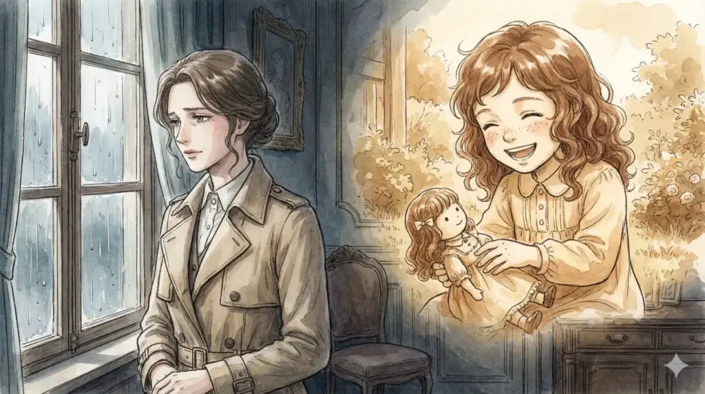 書斎のデスクでスーツ姿のシルヴィアが雨の窓を見つめ、過去の娘との思い出に浸る哀愁漂う姿