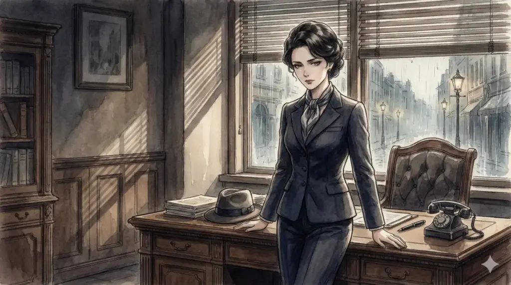 書斎のデスクでスーツ姿のシルヴィアが雨の窓を見つめ、過去の娘との思い出に浸る哀愁漂う姿