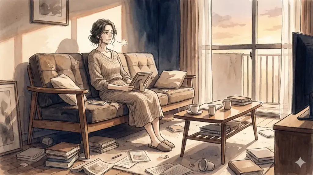 散らかった部屋でコーヒー片手に写真を見つめるシルヴィア、完璧な管理官の意外な一面と人間臭さ