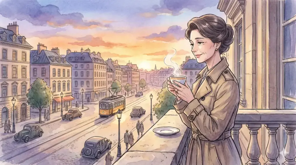 夕暮れのバルコニーで紅茶を飲み穏やかな表情のシルヴィア、街の平和を願い見守る母としての姿