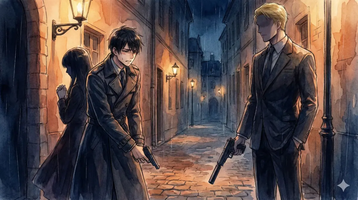 夕暮れの街でアーニャ風少女に引かれるユーリと見守るロイド・ヨル風の人物【SPY×FAMILY考察】