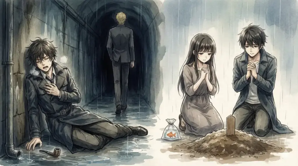 雨の街角で互いに銃を向け合うロイド（黄昏）と涙を流すユーリ、SPY×FAMILY緊迫の対峙シーン