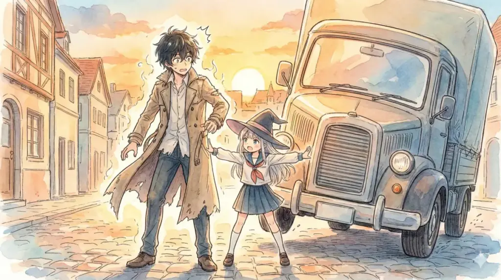 トラックの前に立ちユーリを守るアーニャと発光する不死身のユーリ、SPY×FAMILY生存ルート