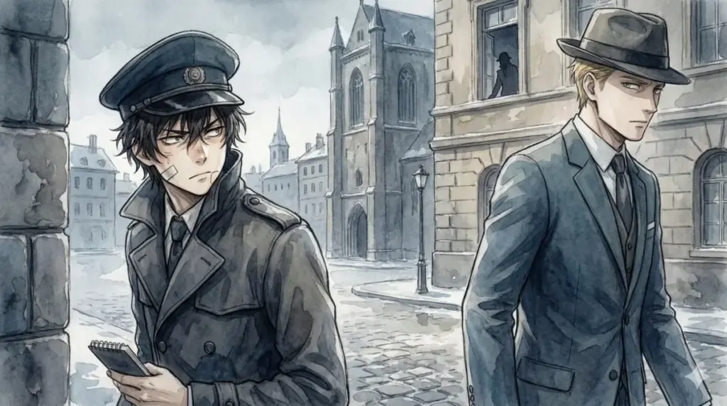 雨の夜背中合わせに立つ秘密警察ユーリとスパイ黄昏、冷戦下の監視社会を映すSPY×FAMILYの情景