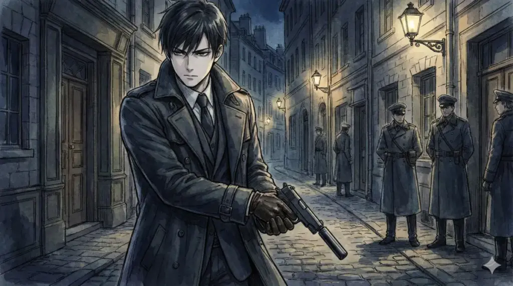 秘密警察SSSの少尉として冷酷に銃を構えるユーリ、夜の路地裏でのシリアスな任務姿