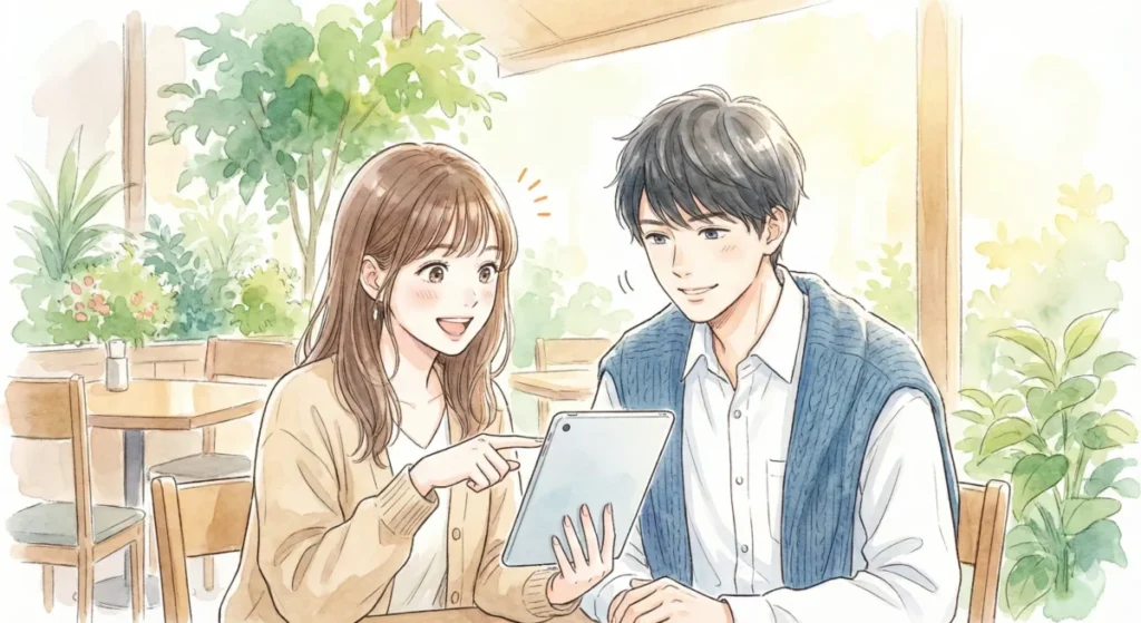 明るいカフェのテラス席で、女性がタブレットを操作しながら、隣に座る男性に笑顔で画面を見せている水彩画風のイラスト。