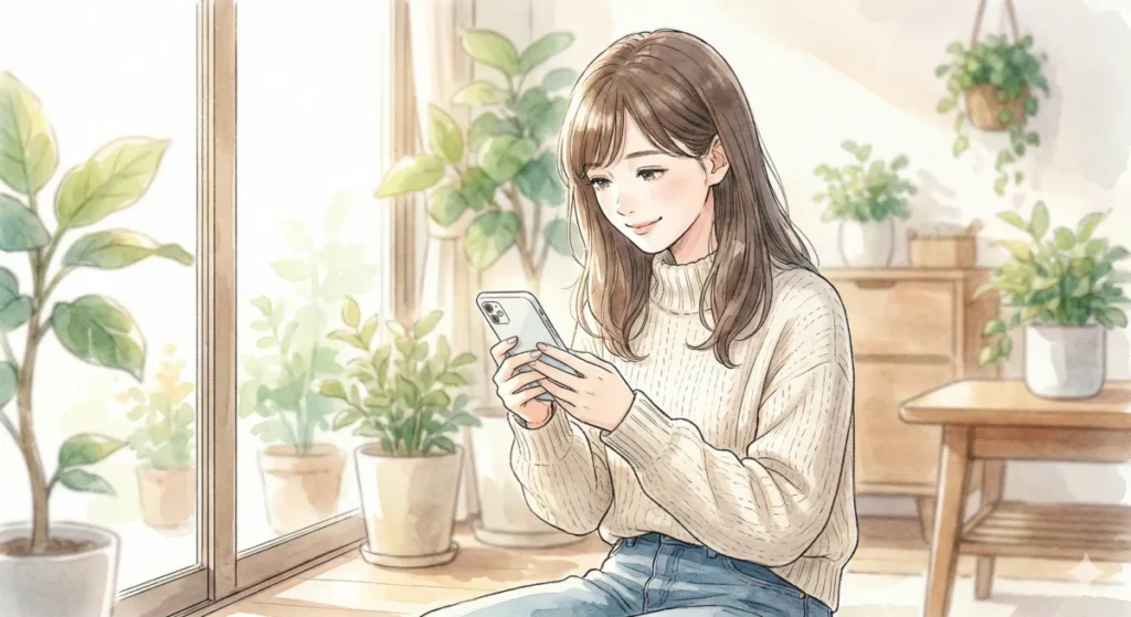 柔らかな日差しが入る観葉植物に囲まれた室内で、ニットを着た女性が座りながら、穏やかな表情でスマートフォンを操作している水彩画風のイラスト。