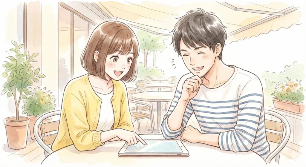 カフェの屋外席で、ボブヘアの女性が笑顔でタブレットの画面を指差し、ボーダー柄の服を着た男性と一緒に楽しそうに画面を覗き込んでいる水彩画風のイラスト。