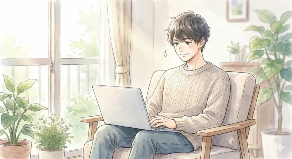 日当たりの良いリビングのソファに座り、リラックスした表情でノートパソコンを操作している男性の水彩画風のイラスト。背景には観葉植物が配置されている。