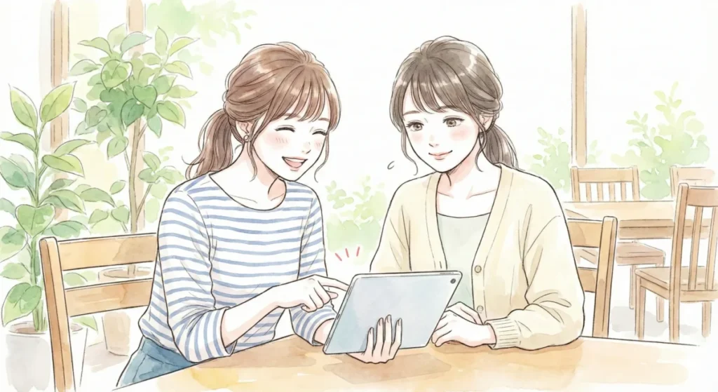 カフェの店内で、ボーダー柄の女性が笑顔でタブレットを指差し、隣に座る友人の女性に説明したり共有したりしている様子の水彩画風のイラスト。