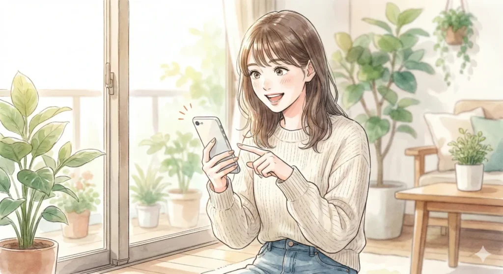 明るい窓際でスマートフォンを手に持ち、画面を見ながら驚きや喜びの表情で明るく微笑んでいる女性の水彩画風のイラスト。