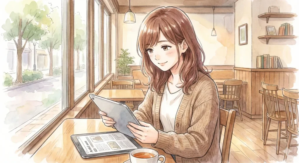 29話の神回たる理由やヴィアベルとの再会を、カフェでタブレットを手に穏やかに読む女性の情景