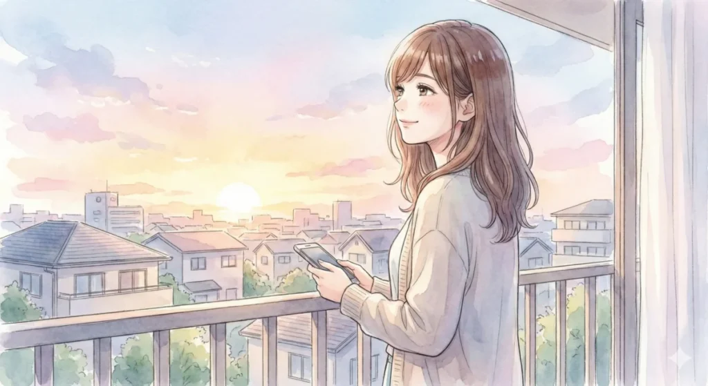 作品がもたらす心の浄化と日常の尊さを綴るまとめ記事を、夜明けのベランダで読み終えた女性の姿