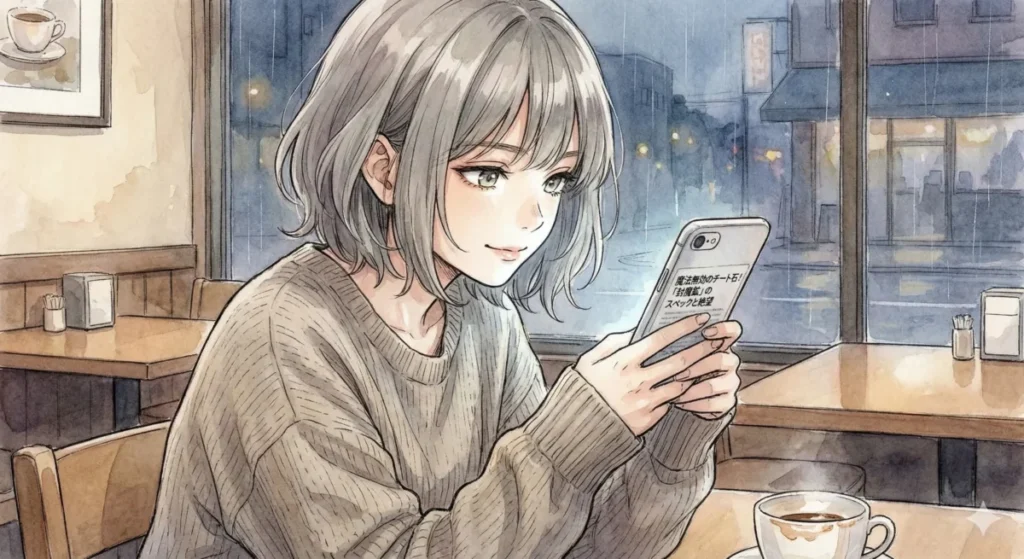 魔法を無効化し加工も不可能な封魔鉱のスペックと絶望について、スマホで驚きながら読む女の子の風景