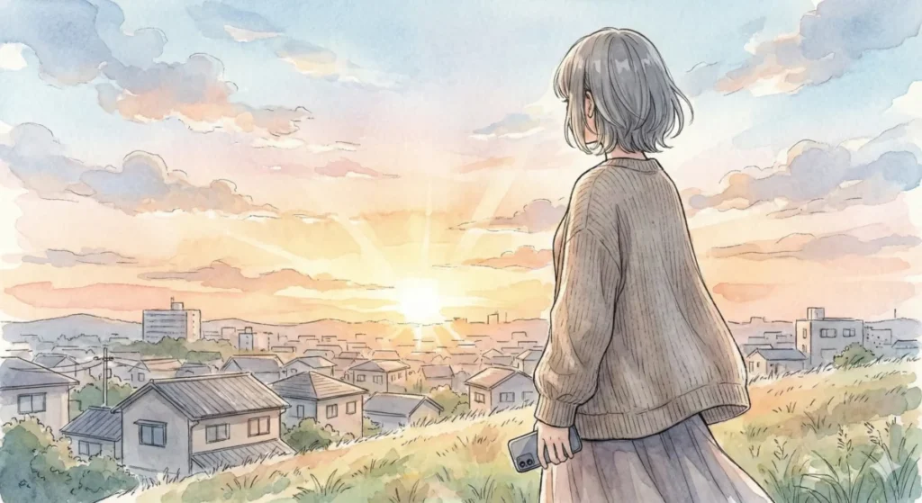 逃げることは生きるための勇気ある選択であるという記事のまとめを、スマホを手に穏やかな表情で眺める女の子