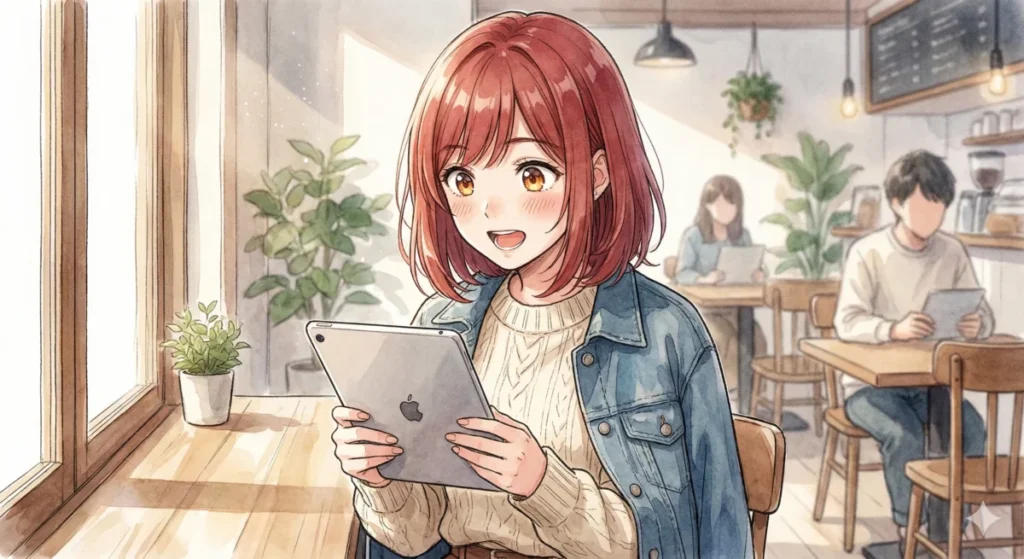 人類最強の男・南の勇者の圧倒的な強さと井上和彦さんの説得力ある演技についてカフェのタブレットで驚き楽しむ女性