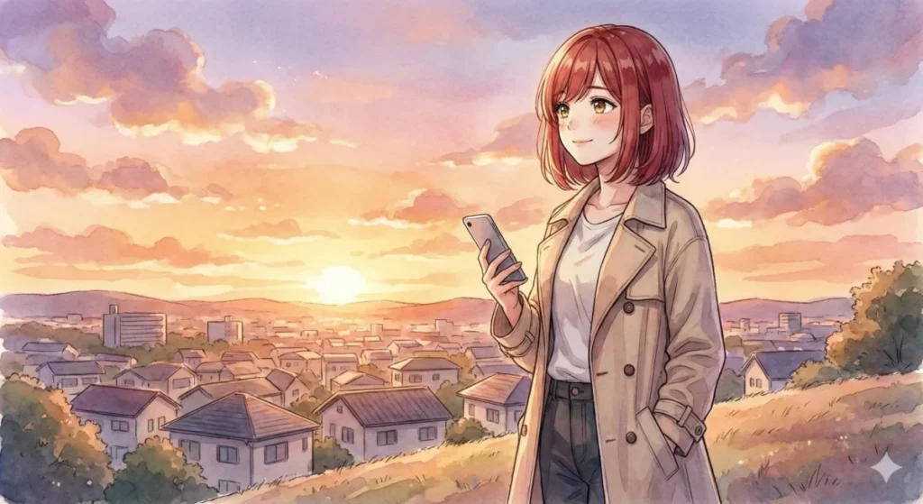 南の勇者が繋いだ未来とフリーレンたちの歩む旅路のまとめ記事を読み終え、夕暮れの高台でスマホを手に余韻に浸る女性