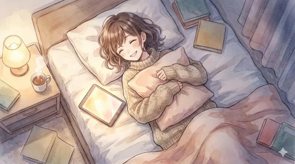 フリーレンの癇癪と次回のデート回への期待を綴ったまとめ記事を窓際で楽しそうに閲覧する女の子