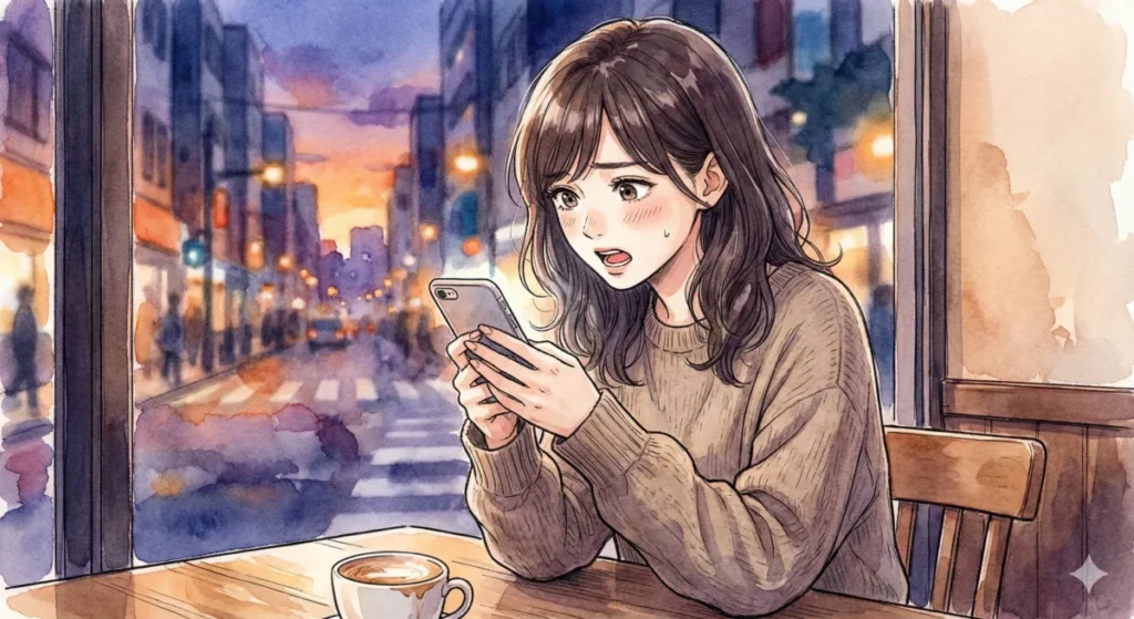 夕暮れのカフェで、南の勇者が七崩賢3人を討伐した規格外の戦果に驚きスマホを凝視する女性