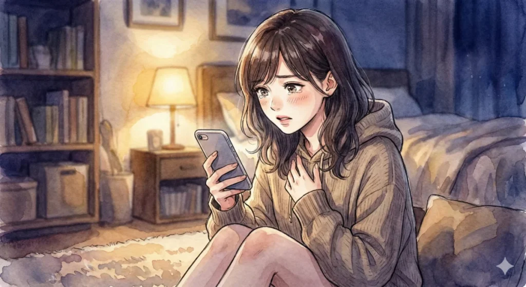 夜の自室、シュラハトとの相打ちと遺体がない謎に迫る考察を読み耽り感極まる瞬間の女性