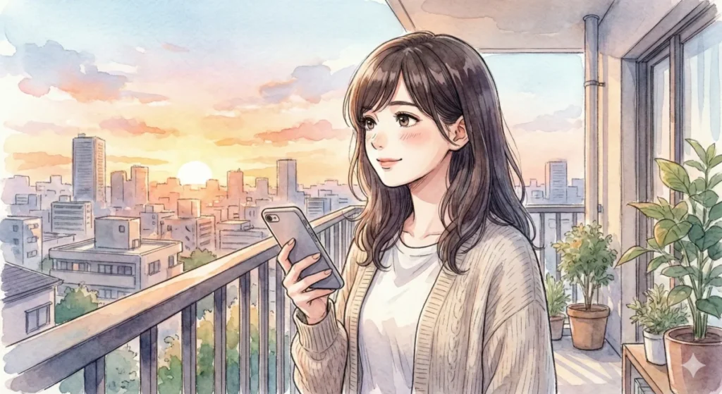 朝のベランダで、南の勇者が未来を切り拓いた尊さを噛み締めながらスマホを手に微笑む女性