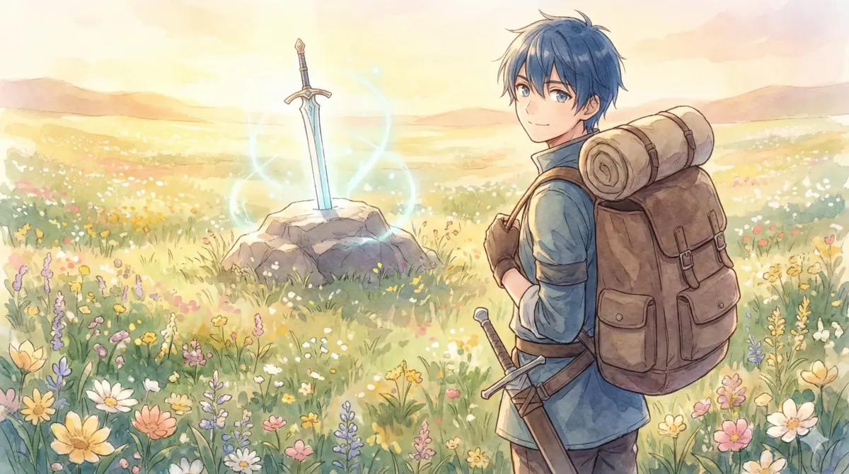花畑の聖剣を背に旅の荷物を背負い微笑む「歴代最強の勇者」ヒンメルのアイキャッチ画像