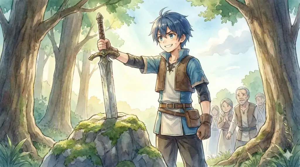 剣の里で本物の「勇者の剣」を抜けずとも偽物の勇者でいいと笑う若き日のヒンメルと村人