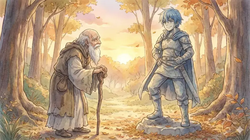 南の勇者の銅像の前に立つ老いた旅人と時を超えた戦いの記憶を想起させる幻想的な秋の森