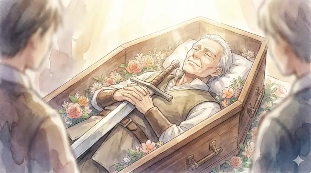 棺の中で生涯の相棒だったレプリカの剣を抱き老衰で安らかに眠る勇者ヒンメルの最期