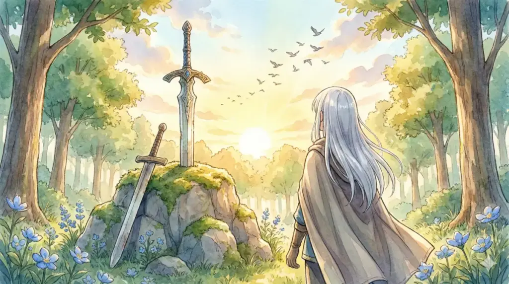 ヒンメルの死後、聖剣が眠る剣の里の岩山を訪れ空を見上げるエルフの魔法使いフリーレン