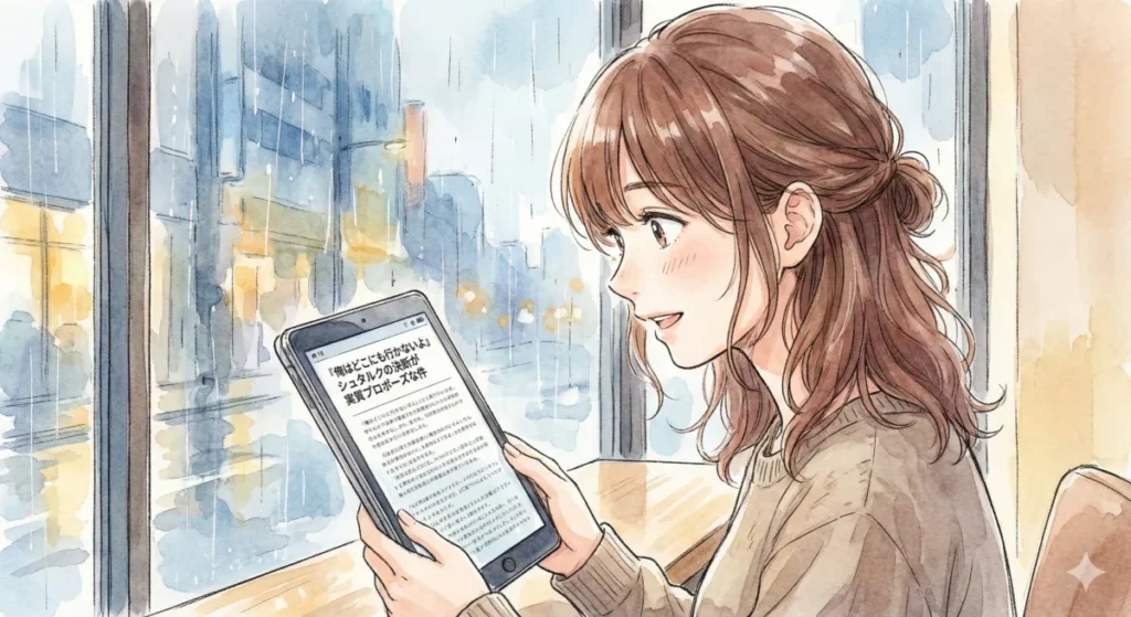 雨のカフェでシュタルクの俺はどこにも行かないよという愛の告白についてタブレットで読む女性の様子