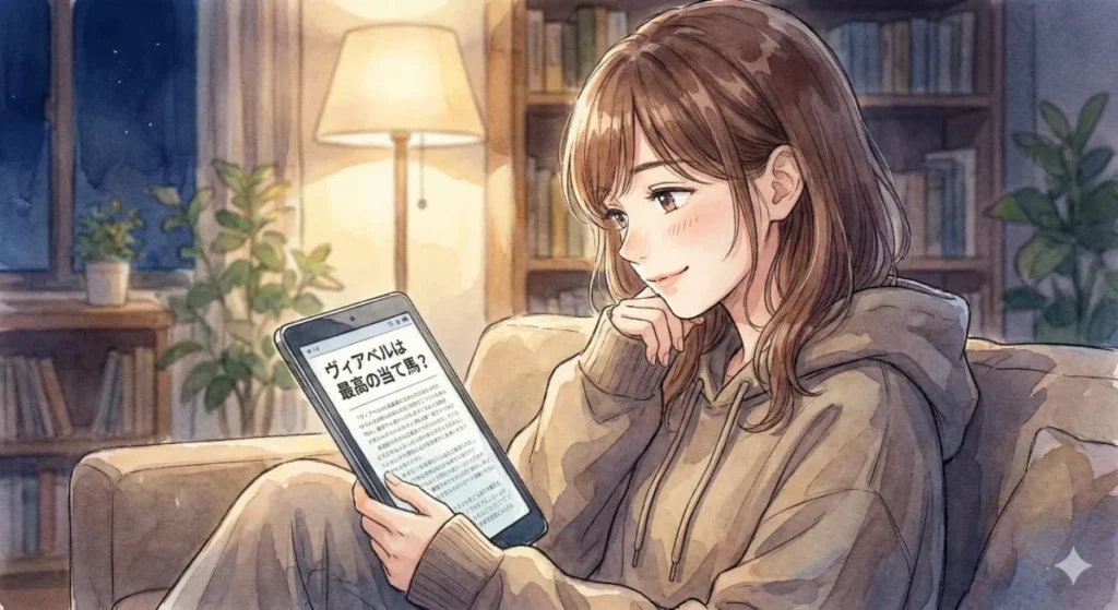 夜の自室でヴィアベルの口説き落とせなかったという言葉の真意と二人の絆の揺らぎをスマホで追う女性