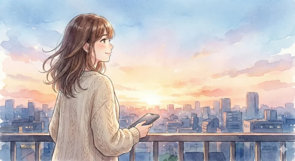 夕暮れの街を背にシュタルクとフェルンの不器用で尊い旅路のまとめ記事を読み終え余韻に浸る女性の風景