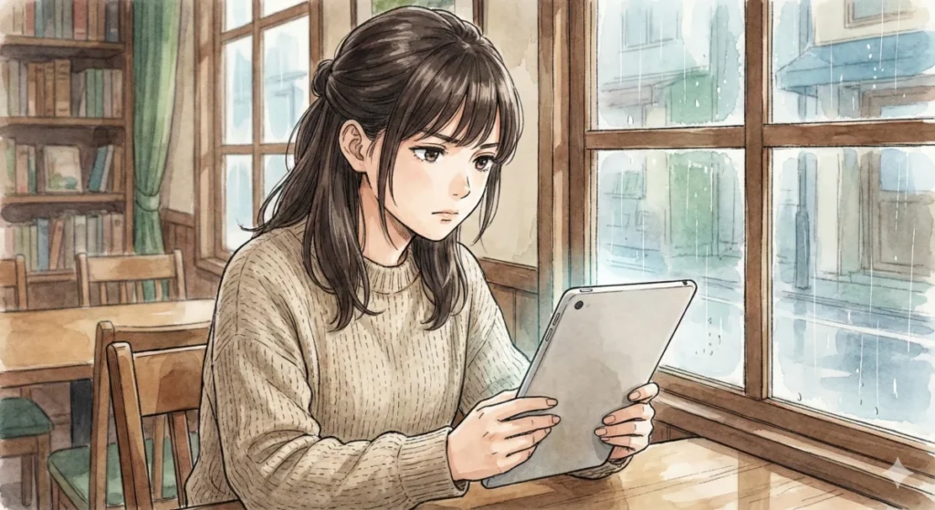 雨の降る窓辺で死滅回游の複雑なルールと羂索の真の目的をタブレットで真剣に整理する女性