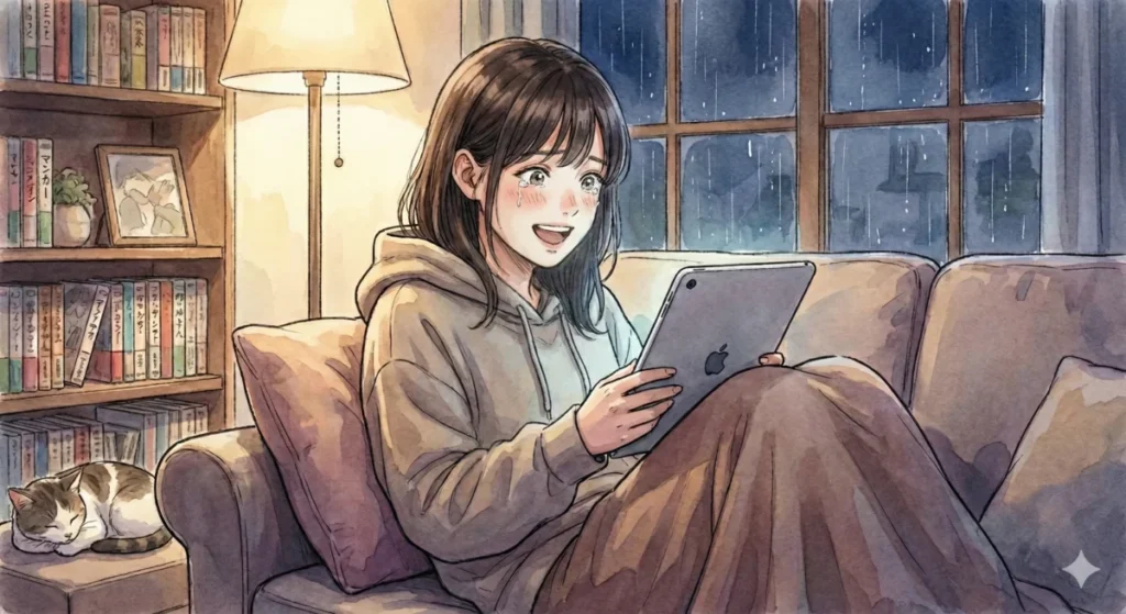 ケンコバ本人役の衝撃的な登場シーンを読み、涙を流しながら笑顔でスマホを見つめる夜の女性