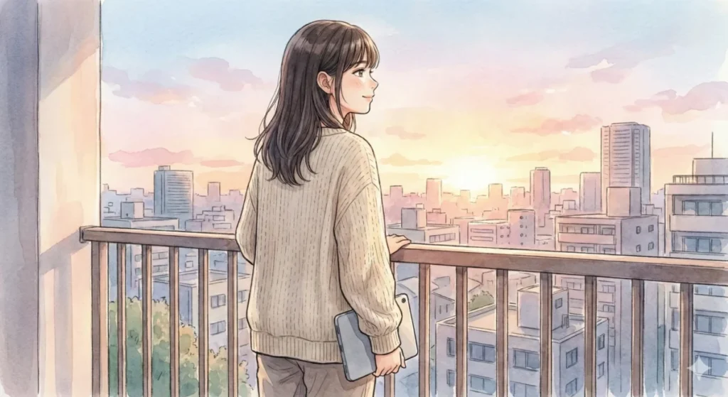 夕暮れの街並みを背に死滅回游の地獄の始まりを予感させるまとめ記事を読み終えた晴れやかな女性