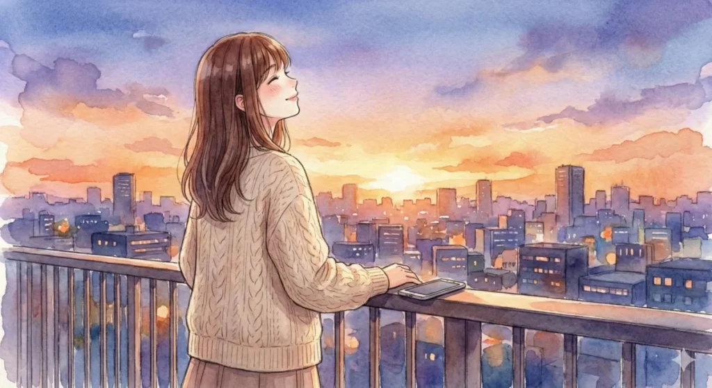 夕暮れの街を眺めながら、禪院家崩壊という神回の余韻と祭りの終わりをスマホで確認する女性