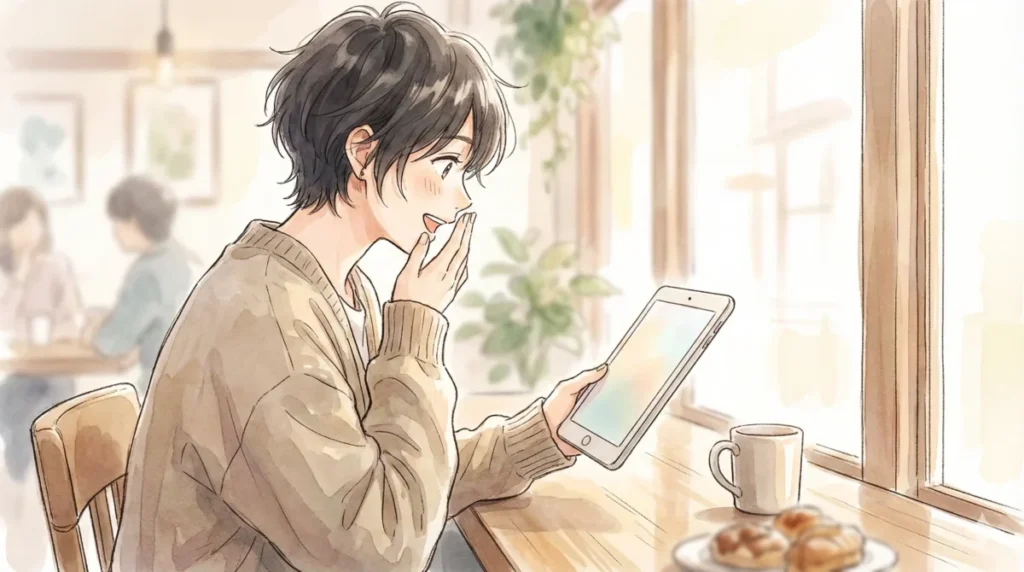 綺羅羅の性別判明と秤のリボ払い発言によるSNSの熱狂ぶりをカフェでタブレットから追う女の子