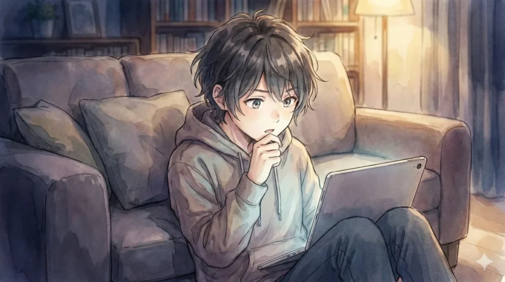 4分間もの長回しが続いた定点カメラ演出の意図と考察を、室内で真剣に読み耽るタブレット越しの女の子