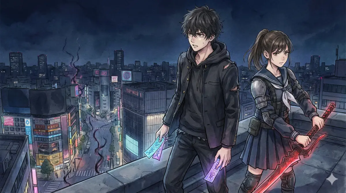 呪術廻戦と類似作品のキャラが屋上で現代異能バトルの熱狂を描く豪華なアイキャッチ