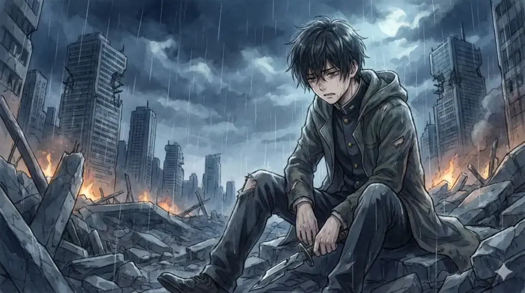 瓦礫の街で刀を手に絶望し理不尽な死と向き合い涙を流す孤独な男子学生のダークなシーン