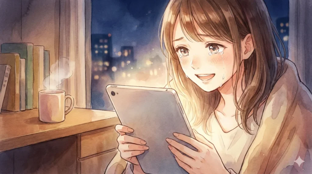 絶望の先にある熱狂を描いた名作たちのまとめと作品の選び方をタブレットで読み耽る女性